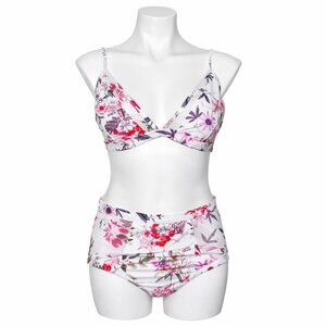BEACH JOY BIKINI White Floral Top Bottom Bikini Set Size Large